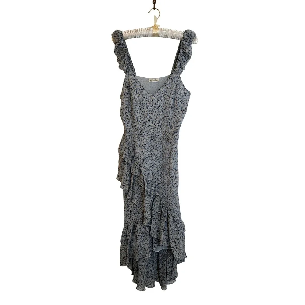 LoveShackFancy Silk‎ Midi Dress Size 4 Blue Floral Ruffle High-Low Romantic Boho